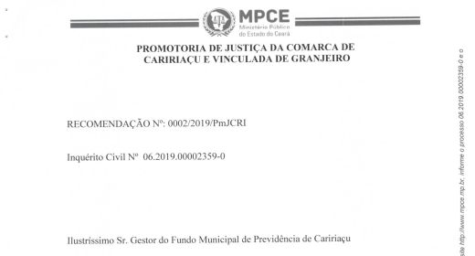 Ministério Público encaminha Recomendação nº 0002/2019/PmJCRI sobre Inquérito Civil nº 06.2019.00002359-0.